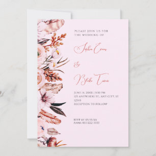 Invitation Boho rose et Brown Fleurs et plumes Mariage rose