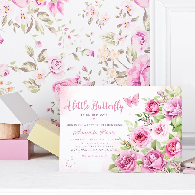 Invitation Boho Rose Floral Aquarelle Baby shower papillon (Créateur téléchargé)