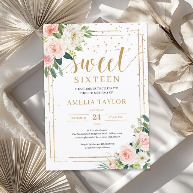 Invitation Boho rose floral cadre sweet sixteen (Boho blush pink floral gold frame sweet sixteen invitation)
