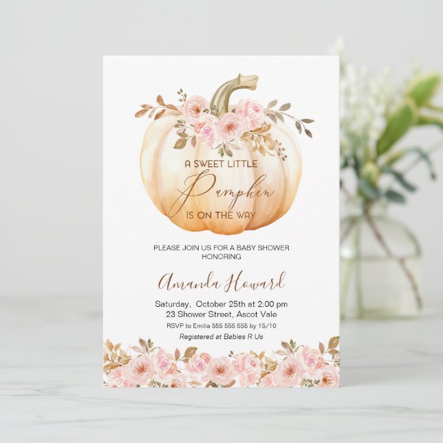 Invitation Boho rose Floral Petit Baby shower Citrouille (Debout devant)