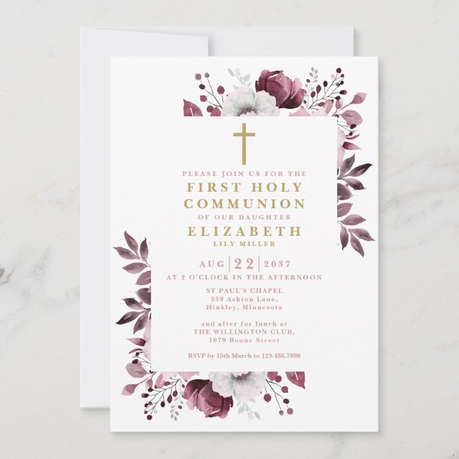 Invitation Boho rose floral première communion sainte (Devant)