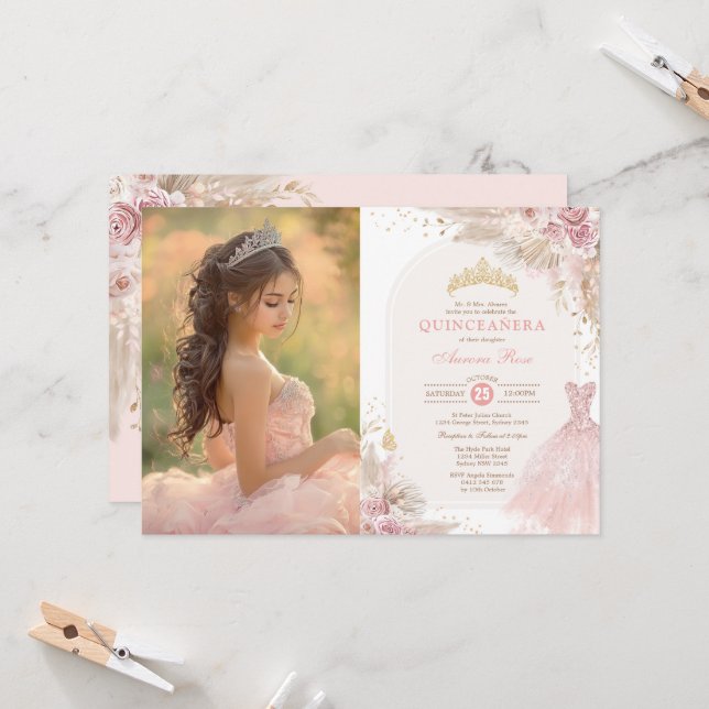Invitation Boho rose Floral Quinceañera 15e anniversaire Phot (Devant/Arrière en situation)