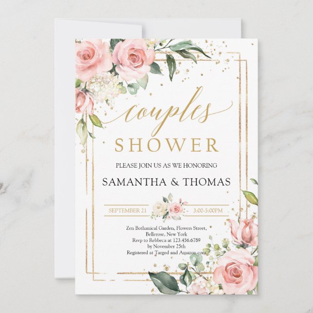Invitation Boho rose floral roses or couples douche (Devant)