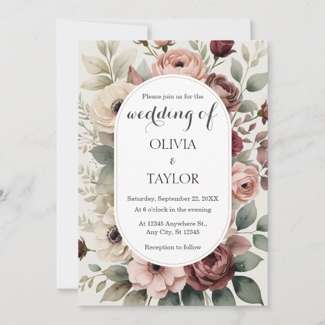 Invitation Boho Rose Floral Russe Mariage (Devant)
