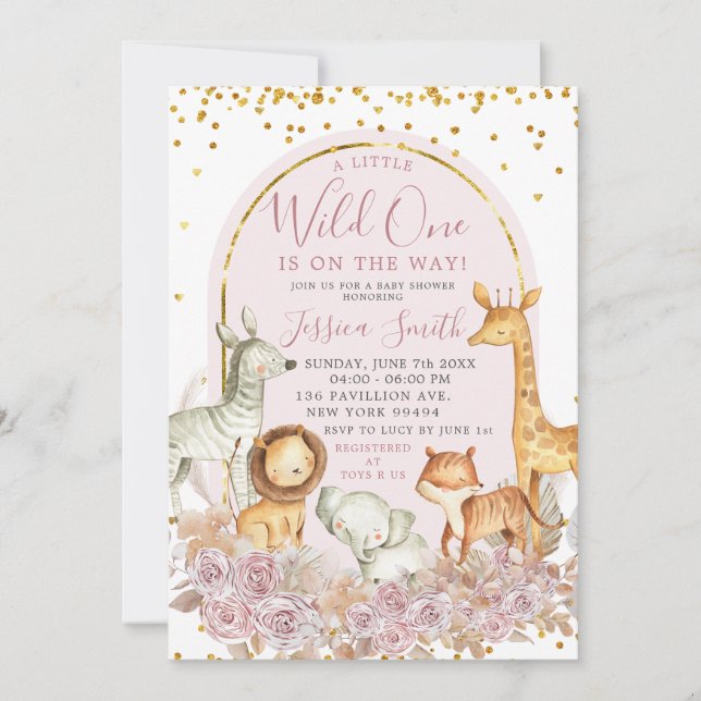 Invitation Boho rose Floral Safari Wild Un Baby shower (Devant)