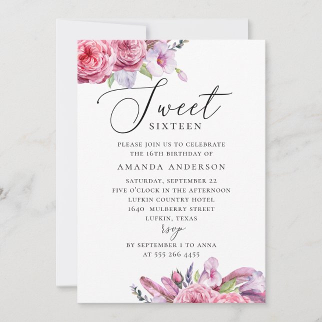 Invitation Boho rose floral Sweet 16. Jardin 16e anniversaire (Devant)