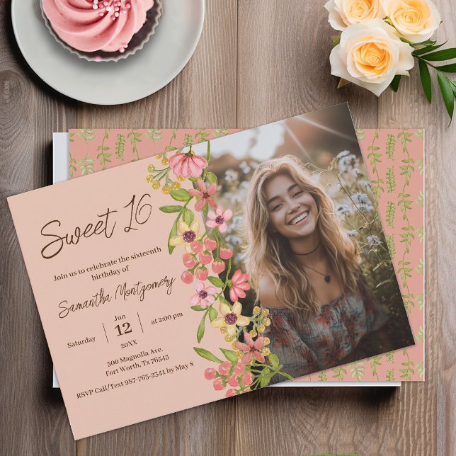 Invitation Boho rose Floral Sweet 16 Photo Anniversaire (Créateur téléchargé)