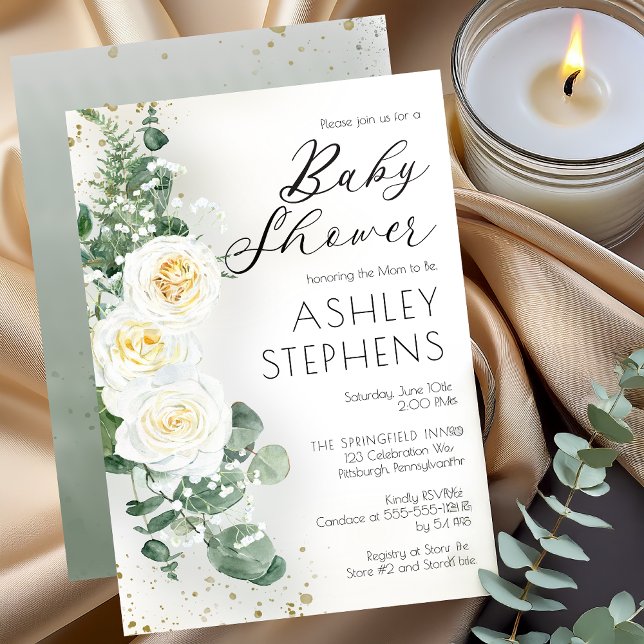 Invitation Boho Rose florale blanche | Baby shower Eucalyptus (Boho White Roses and Eucalyptus Floral Baby Shower Invitation )