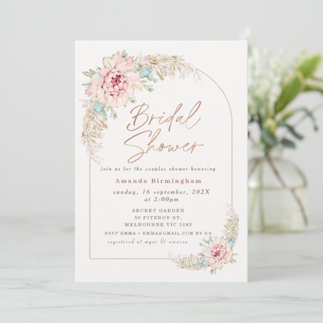 Invitation Boho Rose Gold Cactus Fête de Mariage (Debout devant)