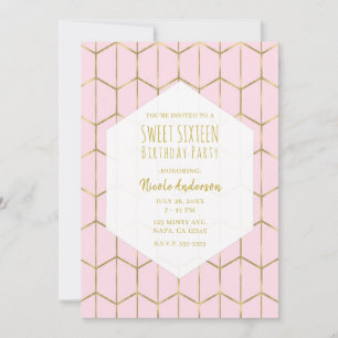 Invitation Boho Rose Hexagone Doré Géométrique Glam Douce 16 
