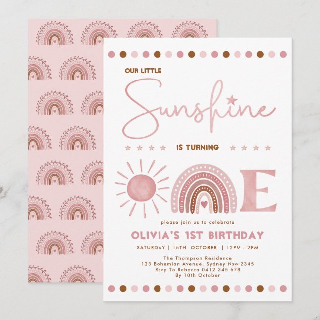 Invitation Boho Rose Little Sunshine Rainbow Girl Anniversair (Devant / Derrière)