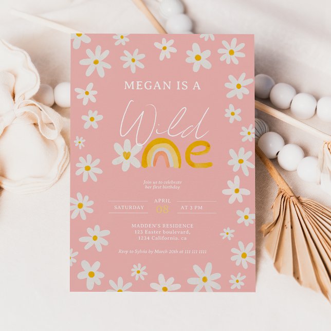 Invitation Boho rose marguerite arc-en-ciel sauvage un 1er an (Créateur téléchargé)