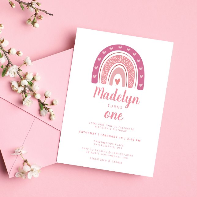 Invitation Boho rose mignon Arc-en-ciel Premier anniversaire (Créateur téléchargé)