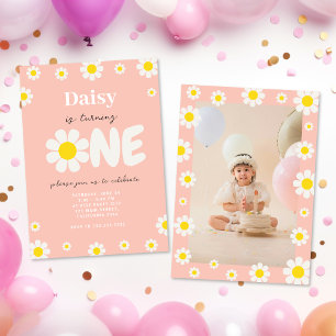 Invitation Boho rose mignon Fleurs de marguerite 1er annivers