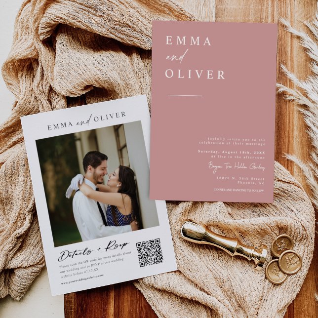 Invitation Boho rose moderne Dusty Mariage Photo QR Code RSVP (Créateur téléchargé)