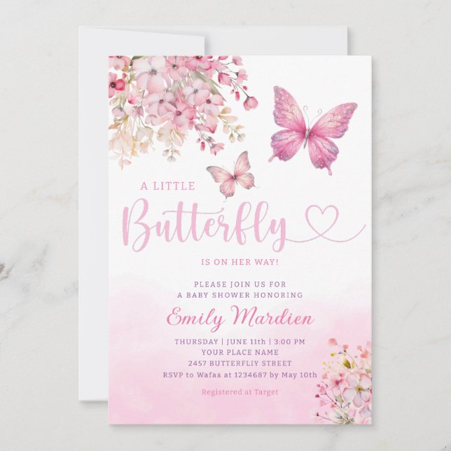 Invitation Boho rose moderne papillon floral Baby shower fill (Devant)