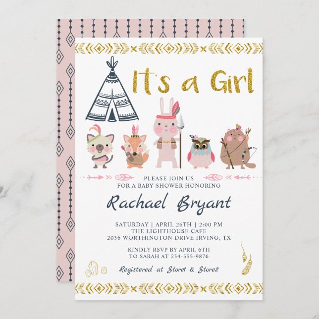 Invitation Boho Rose Or Animaux C'Est Un Baby shower Fille (Devant / Derrière)