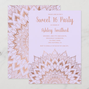 Invitation Boho rose or floral mandala lavande Sweet 16