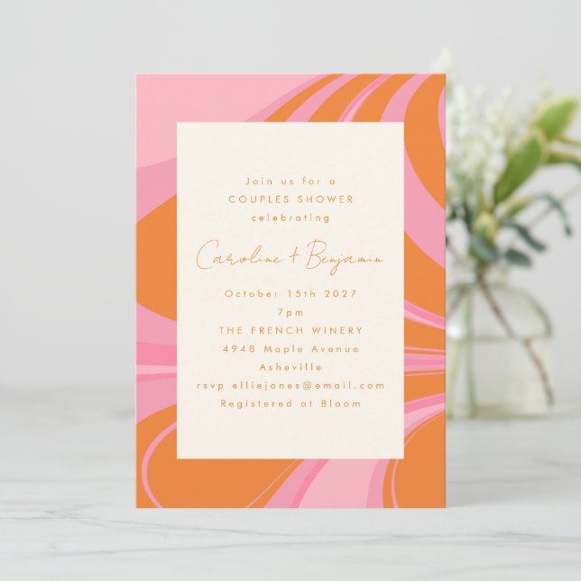 Invitation Boho Rose Orange Abstrait Marbre Couples Douche (Debout devant)