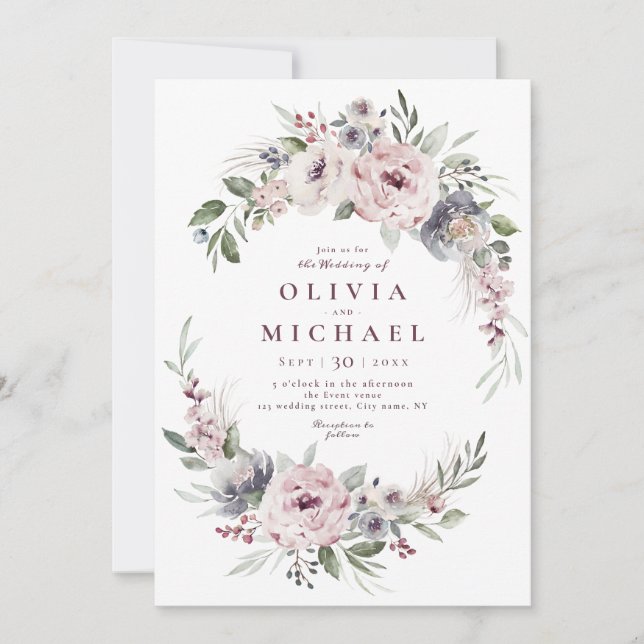 Invitation Boho rose pâle mariage à fleurs (Devant)