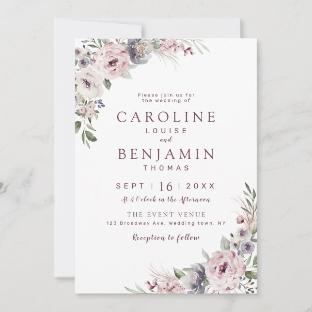 Invitation Boho rose pâle mariage à fleurs (Devant)