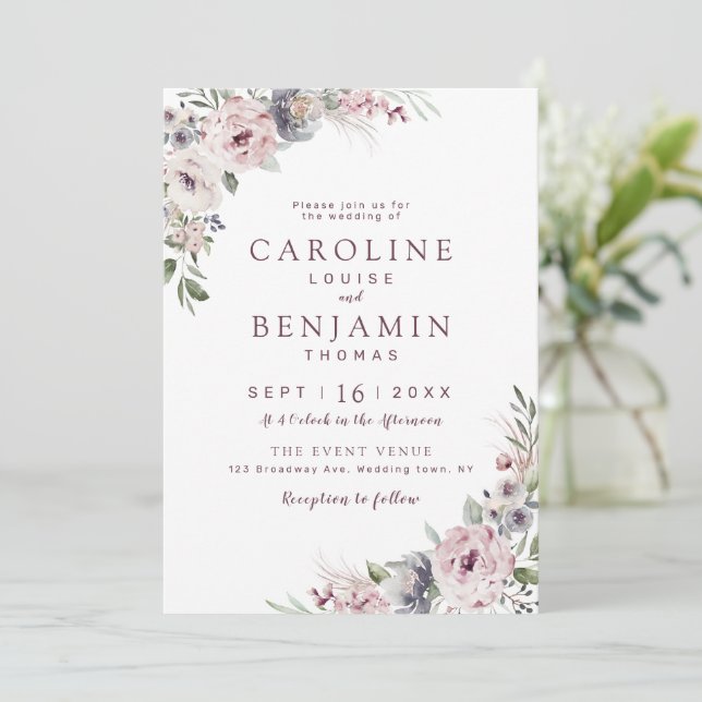 Invitation Boho rose pâle mariage à fleurs (Debout devant)