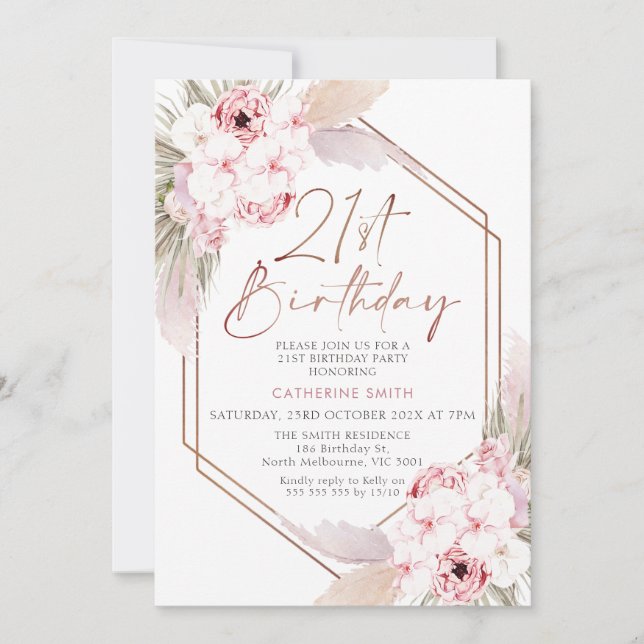 Invitation Boho rose Pampas Grass Sweet 21e anniversaire (Devant)
