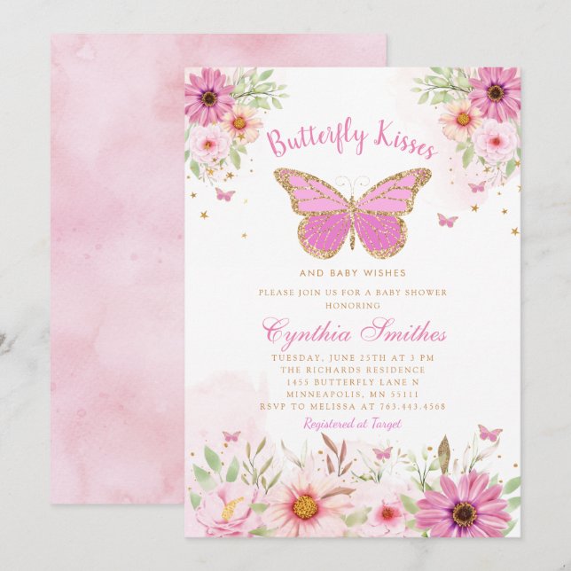Invitation Boho rose papillon floral embrasse Baby shower fil (Devant / Derrière)