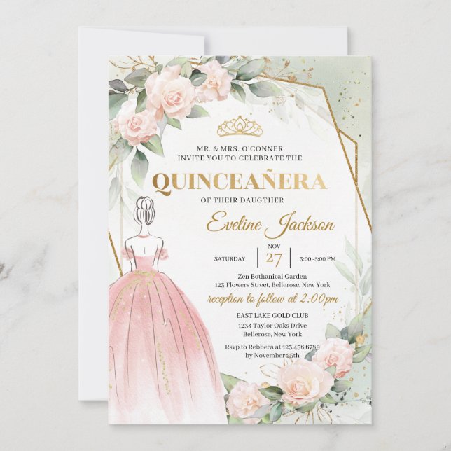 Invitation Boho Rose princesse robe fleurs rousses Quinceaner (Devant)