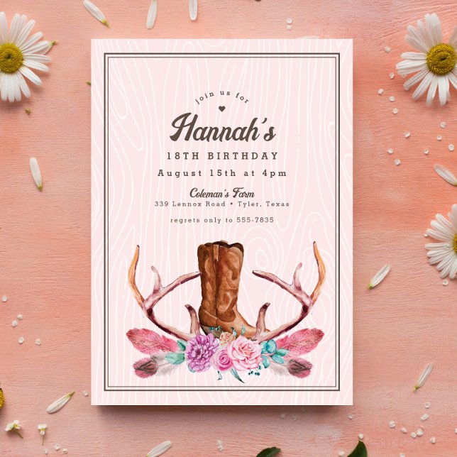 Invitation Boho Rose Rustique Cowgirl Boot Anniversaire (Créateur téléchargé)