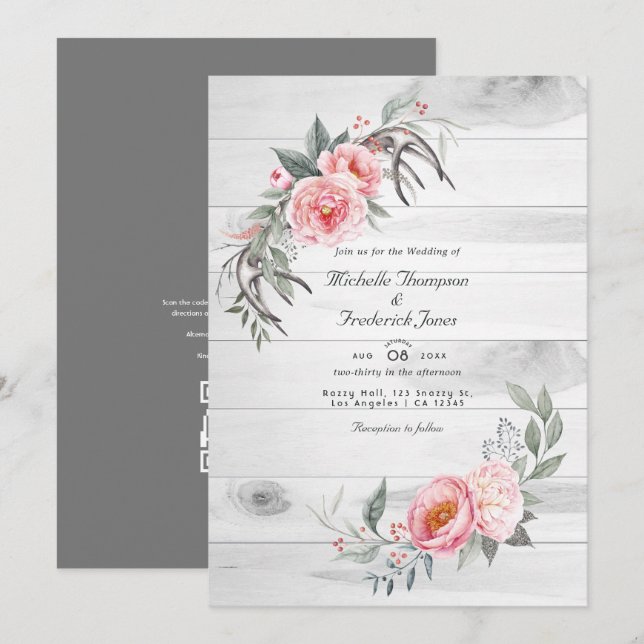 Invitation Boho rose rustique Floral QR Code RSVP Mariage (Devant / Derrière)