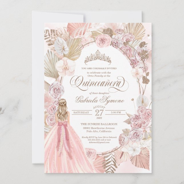 Invitation Boho rose séché Floral Rose Quinceanera Anniversai (Devant)