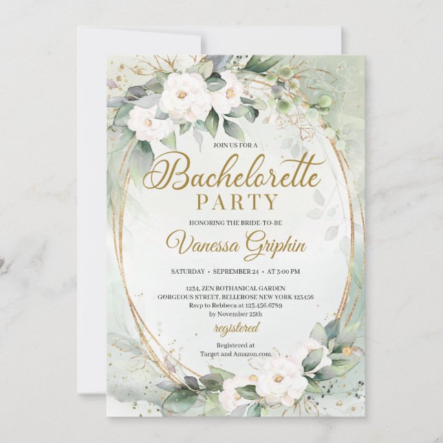 Invitation Boho Roses blanches verdure or ovale Bachelorette (Devant)