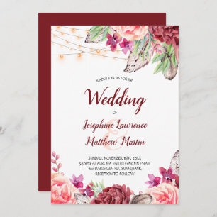 Invitation Boho Roses plumes Mariage