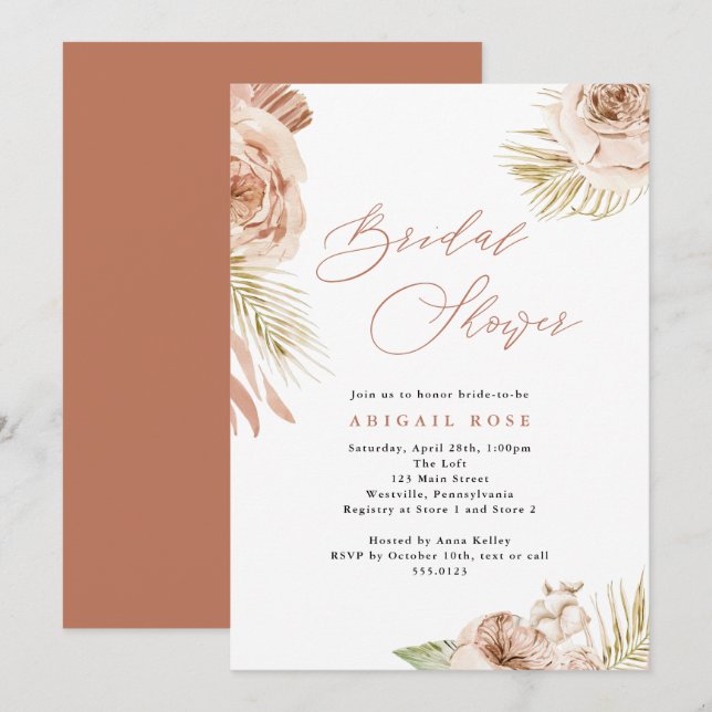 Invitation Boho Roses tropicaux et Fête des mariées du feuill (Devant / Derrière)