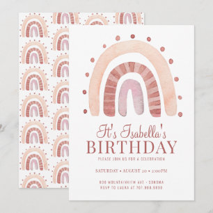 Invitation Boho Rosy Pink Brown Arc-en-ciel fête d'anniversai
