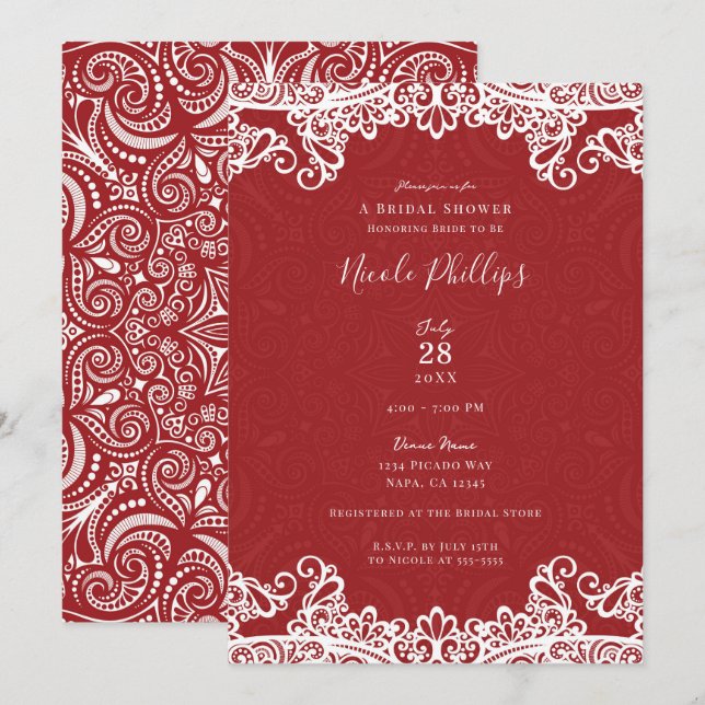 Invitation Boho Rouge & Blanc Dentelle Motif Audacieux Baby S (Devant / Derrière)
