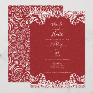 Invitation Boho Rouge & Blanc Dentelle Motif Audacieux Mariag