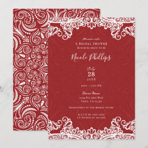 Invitation Boho Rouge & Blanc Dentelle Motif Imprimé Mariage 