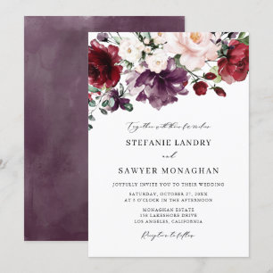 Invitation Boho rouge et violet Mariage d'aquarelle