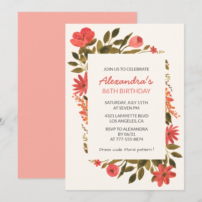 Invitation Boho Rouge Floral Aquarelle 86e anniversaire (Devant / Derrière)