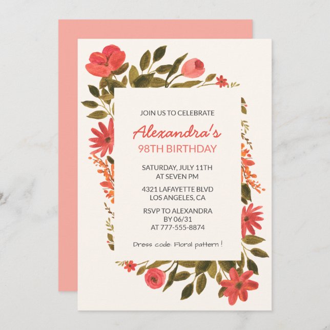 Invitation Boho Rouge Floral Aquarelle 98e anniversaire (Devant / Derrière)