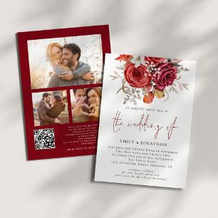 Invitation Boho rouge Florals 3 Photos QR Code Mariage