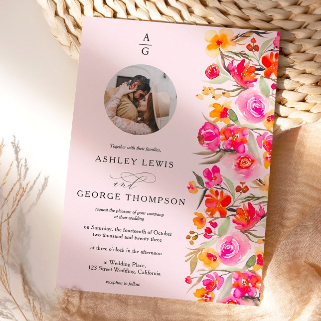 Invitation Boho rouge orangé initiales florales photo mariage (Créateur téléchargé)