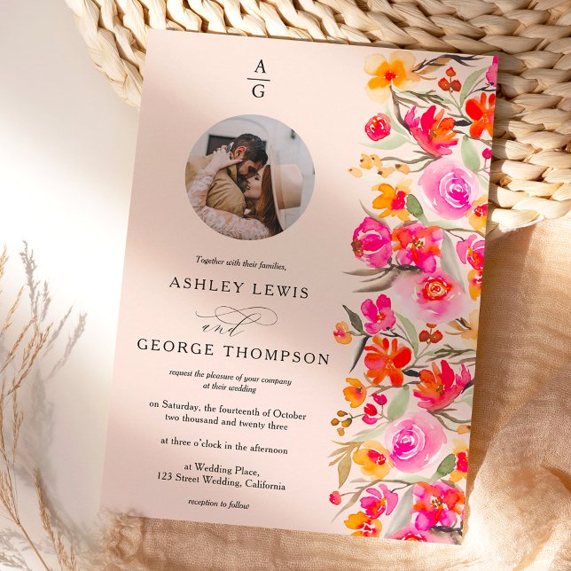 Invitation Boho rouge orangé initiales florales photo mariage (Créateur téléchargé)