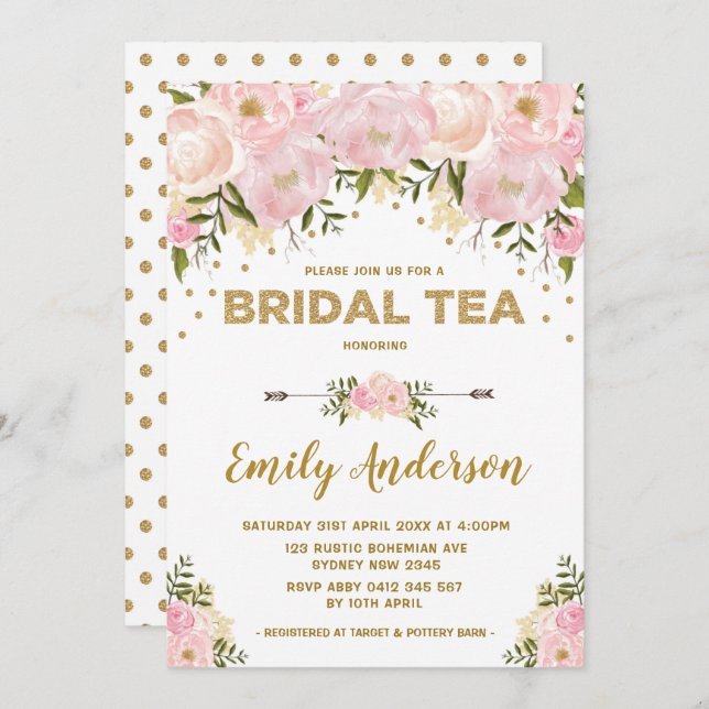 Invitation Boho rougissent thé nuptiale floral d'aquarelle (Devant / Derrière)