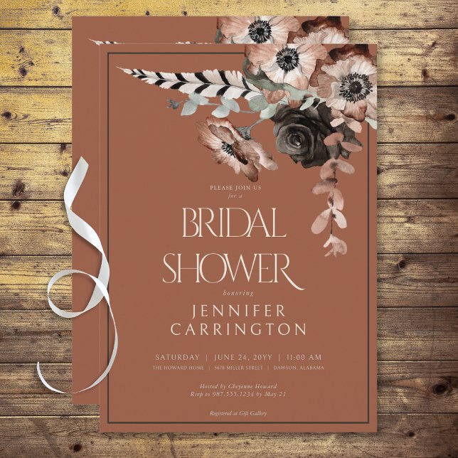 Invitation Boho rouille noir & blanc Fête des mariées Fleurs (Boho Rust Black & White Flowers Bridal Shower Invitation)