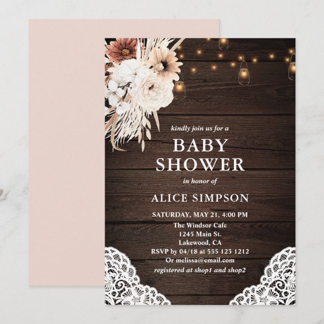 Invitation Boho Russe Beige Floral Mason Jarres Baby shower D (Devant / Derrière)