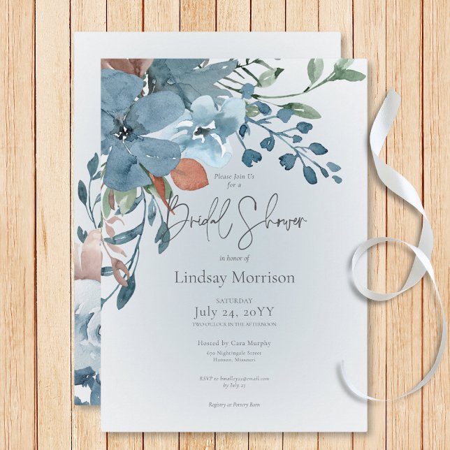 Invitation Boho Rust & Blue Floral sur Fête des mariées blanc (Boho Rust & Blue Floral on White Bridal Shower Invitation)