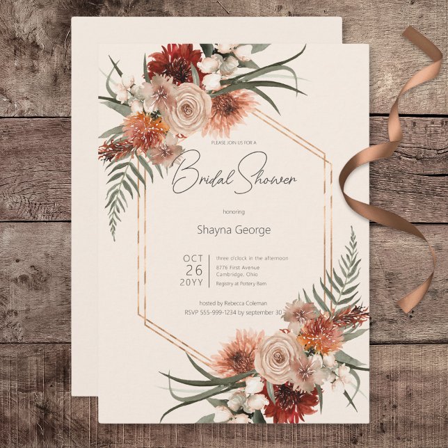 Invitation Boho Rust & Cream Fall Floral Fête des mariées (Boho Rust & Cream Fall Floral Bridal Shower Invitation)
